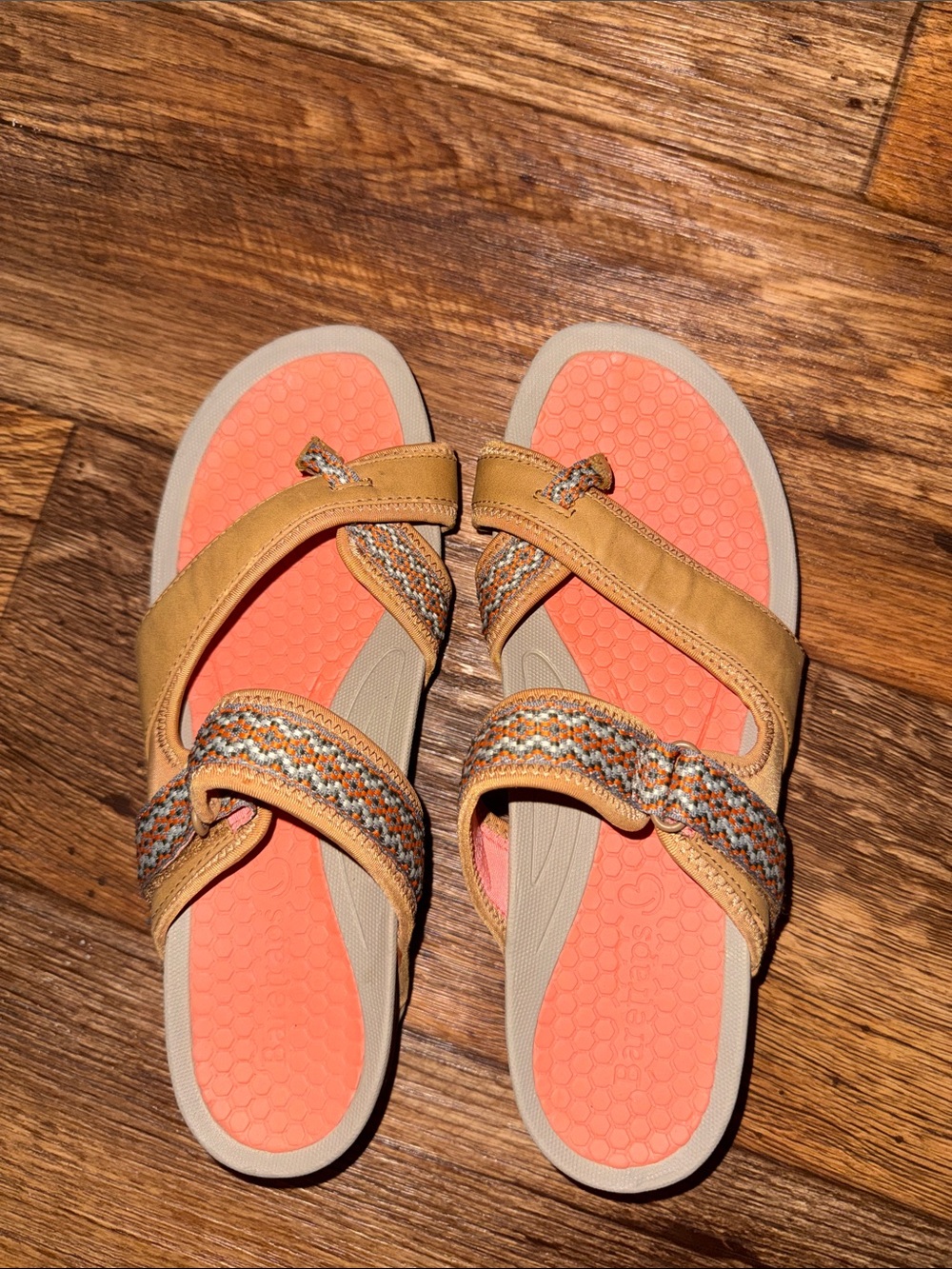 BareTraps Coral Footbed Tan Strappy Slide Sandals